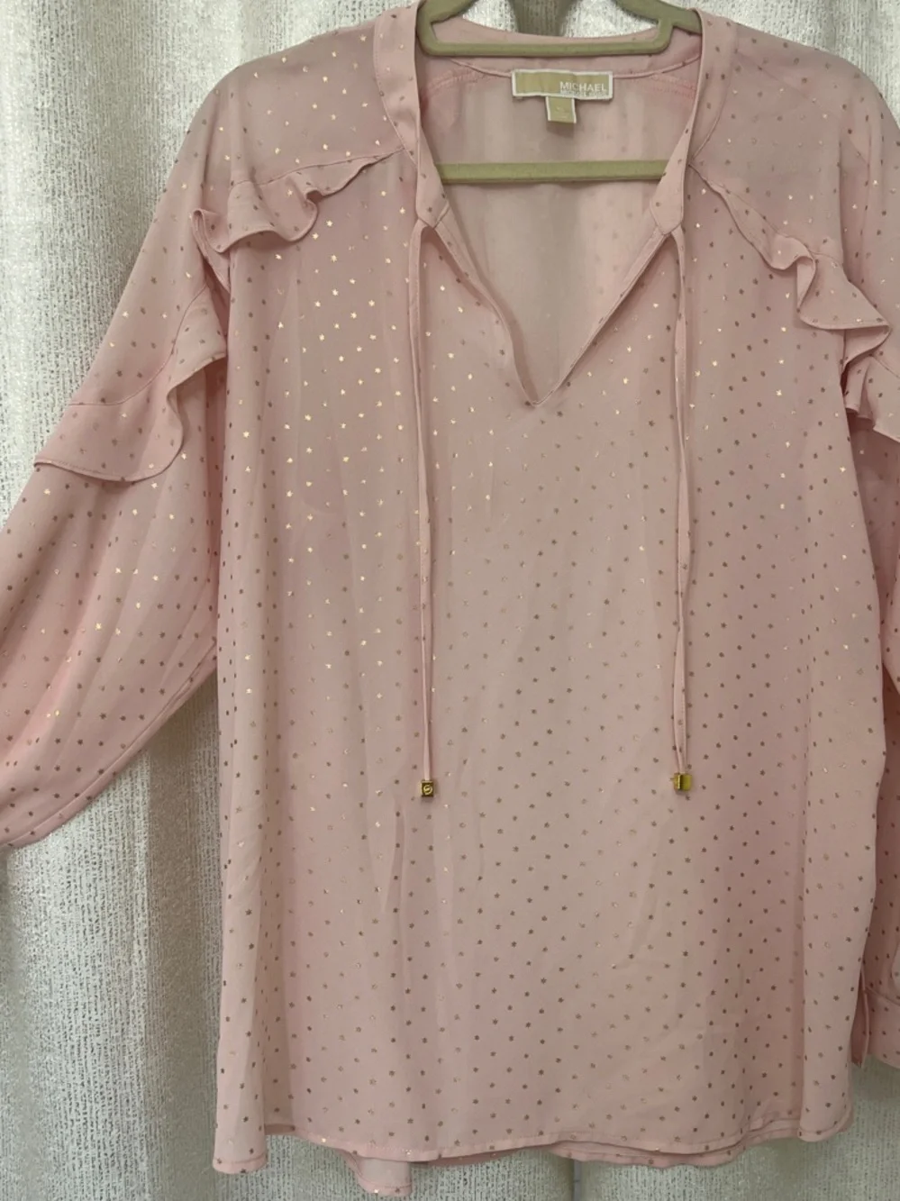 Michael Kors Blush Pink Metallic Gold Star Pattern Ruffle Tie-Neck Blouse